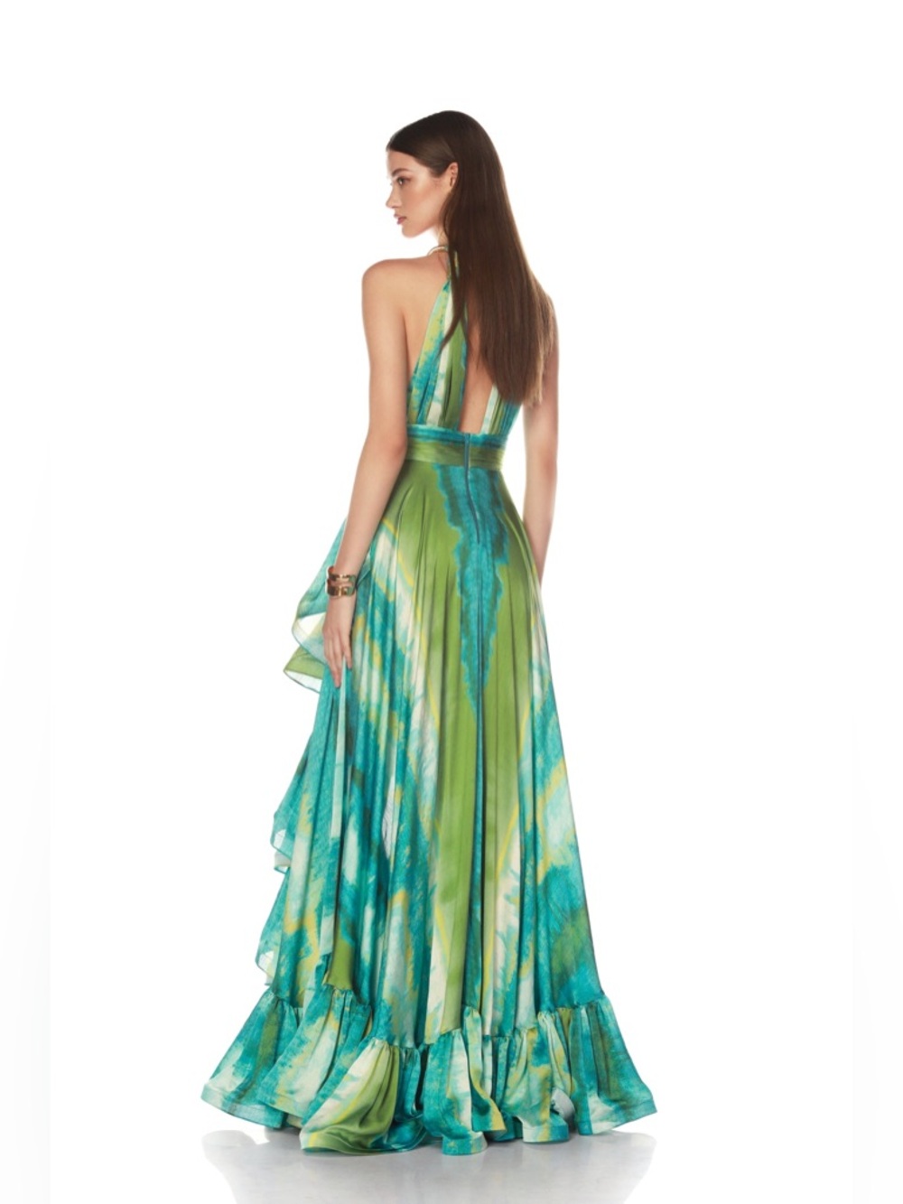 Bronx and Banco Palma Coastal Gown Teal & Lime Halter High-Low Ruffle Maxi Dress - Picture 8 of 17